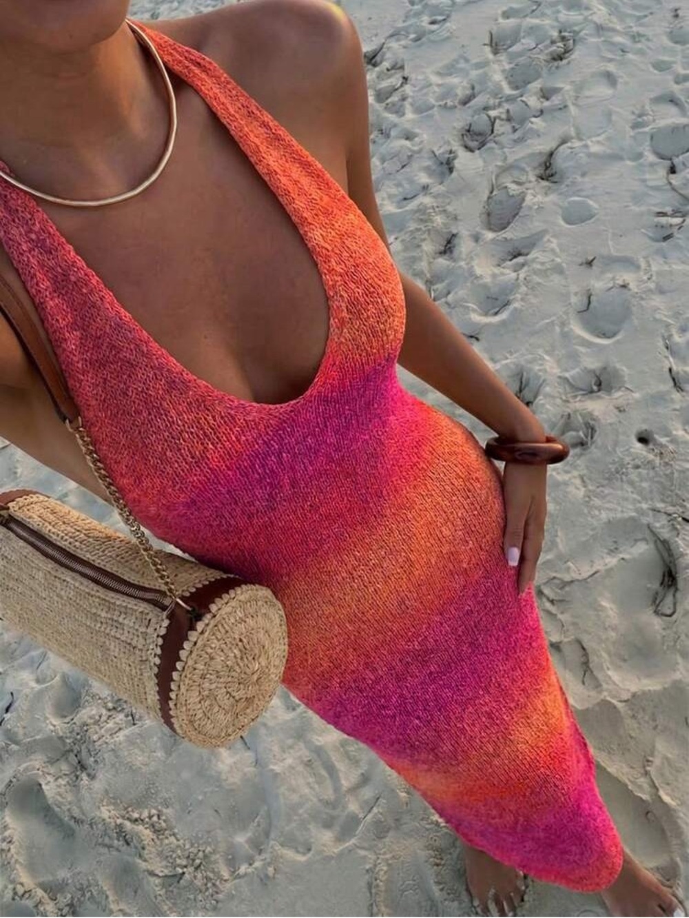 SHEIN Pink & Orange Ombre Knit Halter Maxi Dress